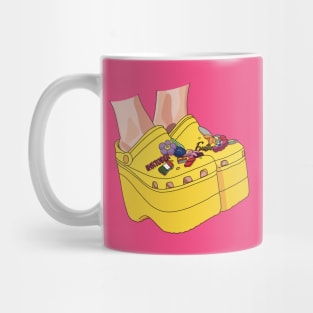 Yellow high heel wedge Croc shoes with accessories Mug